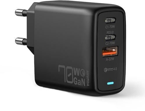 AVUMDA 70W Cargador USB C GAN: 3 Puertos Cargador Carga Rapida Tipo C PD 3.0, Cargador Rapido USB C Compatible MacBook Pro/Air,iPhone 15/14, Samsung Galaxy S23/S22/S2,iPad Pro/Air, Google Pixel