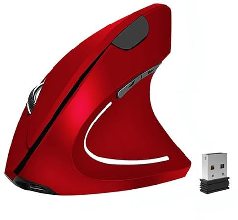 BeWishes Souris ergonomique verticale sans fil 2,4 G rechargeable Souris optique verticale haute précision réglable 800/1200/1600 DPI, pour ordinateur portable, etc., rouge, spécialement pour
