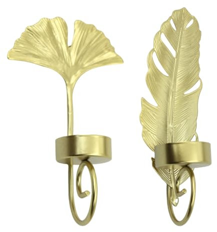 Ieron Juego de 2 candelabros con Forma de Hoja de Ginkgo y Forma de Pluma, portavelas para luz de té, decoración artística de Pared Dorada