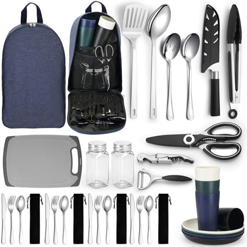 Homquen Camping Essential Attrezzatura da tavola da campeggio, Utensili da cucina da campeggio camper Accessori da campeggio, Escursioni all'aperto, Picnic, Barbecue Regali, Strumenti da campeggio