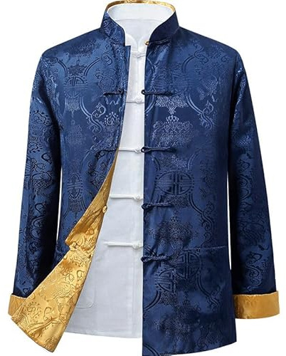 Tang Suit Men Can be Worn on Both Sides,Hanfu Chinese Traditional Clothes Long Sleeve Top (Blue and gold, M)
