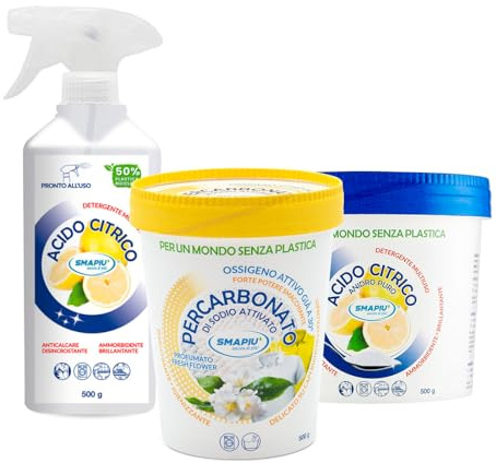 Smapiù set pulizia - Acido Citrico Spray 500ml + Acido Citrico in polvere 500gr + Percarbonato di Sodio Attivato 500gr