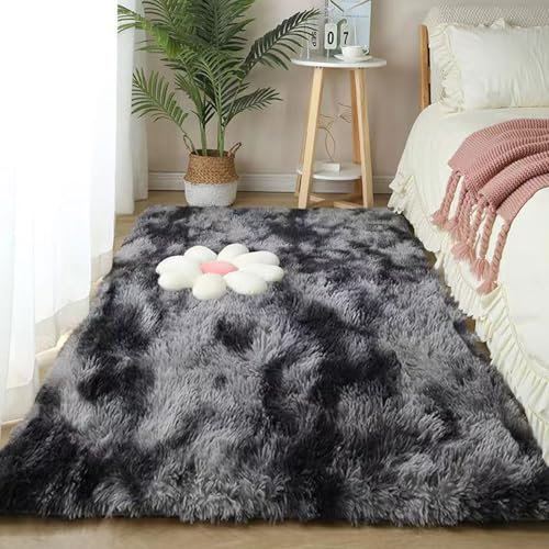 XUEDNGM Schlafzimmer Bettvorleger Teppich 90 x 130 cm Pflegeleicht Und Einfarbig, Weich Modern Unifarben Rutschfeste Hochflor für Wohnzimmer, Schlafzimmer, Dunkelgrau