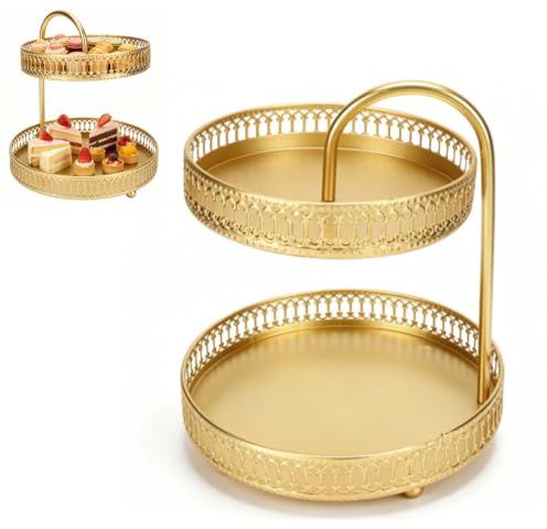 Alzata per torta, Alzata per dessert Torre per cupcake Vassoio per frutta Vassoio per biscotti Alzata per cupcake dorata Vassoio da portata a 2 livelli Alzata decorativa multiuso