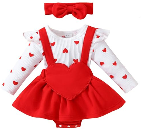 HEOXIN Completo per Neonate Set, Maniche Lunghe Volant Vestiti Bambina, Neonati Abbigliamento Vestito con Motivo a Cuore e Fascia con Fiocco, Set Neonati per 6-9 Mesi, Rosso