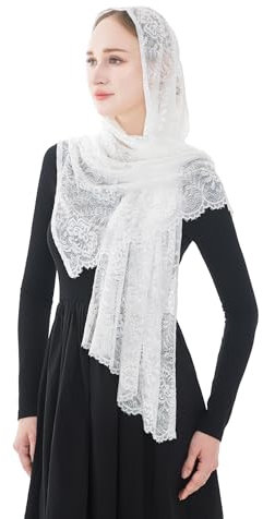 Wgior Elegant Floral Catholic Church Veil, Soft Mantilla Chapel Prayer Scarf Wrap Shawl Headscarf (White)