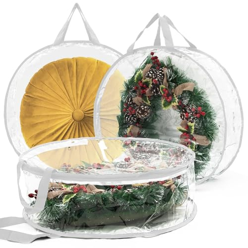 Transparente Weihnachtskranz-Aufbewahrungstasche, Kunststoff, Weihnachtsgirlande, Behälter mit Doppelreißverschlüssen und verstärkten Griffen, für Weihnachtskranz, Weiß, 61 cm, 2 Stück