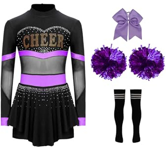 Eandarui Cheerleaderin Kostüm Kinder Mädchen Langarm Kleid Strass Glitzer Tanzkleid Mesh Patchwork Sportkleid Mit Handblumen Schleife Strümpfe Cheerleading Outfit Lila A 146-152