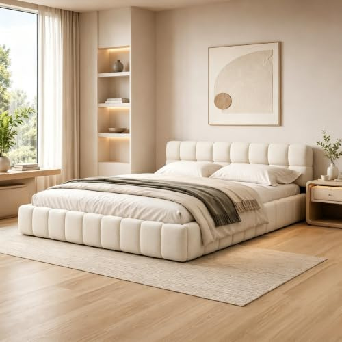 YGHQAP Polsterbett 160x200 cm Bubble Bett, Doppelbett mit Lattenrost und weicher Rückenlehne, Niedriges Bett Jugendbett für Schlafzimmer und Gästezimmer, Beige Leinen, ohne Matratze