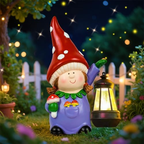 RICHIE Gnome Statue Garden Ornaments Art Outdoor Decoration with Solar Powered LED Lights Decor for Patio,Balcony,Yard, Mum Birthday Gifts, Garden Gifts for Women