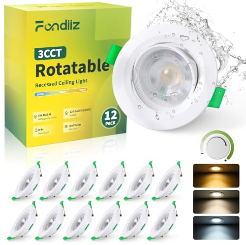 Fondiiz Lot de 12 Spot LED Encastrable Dimmable, 5W 480LM Spot Encastré Orientable Blanc Chaud 2700K Blanc Neutre 4000K Blanc Froid 6000K Réglable, IP44 Spots de Plafond Salle de Bain, Trou Ø70-80mm