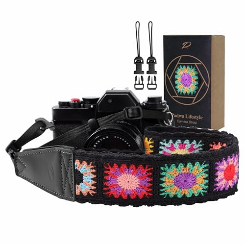 Padwa Lifestyle Kameragurt - 2“ Vollnarbenleder Kameragurte für Fotografen, Bestickt Baumwollgewebe weiches Wildleder Stoff gepolstert Riemen Schnellspanner passt alle Kameras - Gehäkeltes Bunt