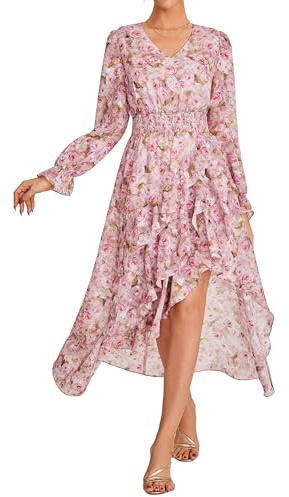 GRACE KARIN Women's Dresses Summer A-Line Long Sleeve Floral Dress Elastic Waist Elegant Wedding Guest Dresses Irregular Red Flower M