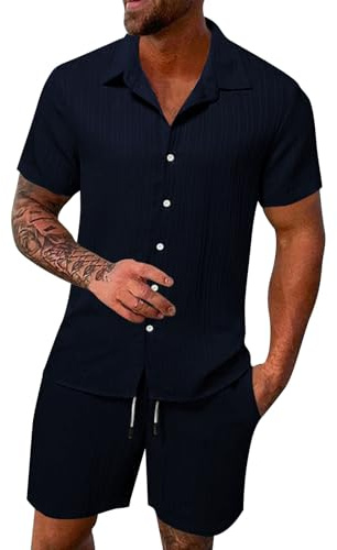 Generico Uomos Estiva Completa Leggera Manica Corta Button Down Camicie Con Coulisse Pantaloncini, Casual LeggeroTute Da Ginnastica Corto Sportivo Complete Completo Due Pezzi Spiaggia Set