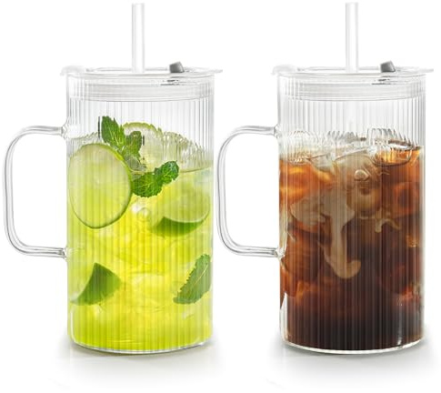 Puraville 2 Pack 25oz 750ml Glass Cups with Lids and Straws, High Borosilicate Ribbed Drinking Glasses Tumbler with Handle for Iced Coffee, Glassware Mason Jar Smoothie Cup for Long Drinks