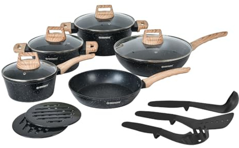 Herzberg - Batteria di Cucina 14 Pezzi, Rivestimento in Granito, Alluminio Forgiato, Manici Effetto Legno, Compatibile con Induzione, Coperchi in Vetro, Utensili Inclusi, Nero