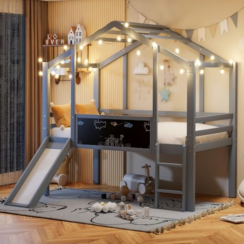 Vepssder Lit Toboggan Enfant 90 x 200 cm Design Mansardé avec échelle de Sécurité, avec Panneau Graffiti, Lit Enfant Multifonctionnel en Bois Massif lit Mezzanine,Grise