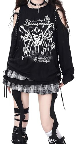 T Shirt Femme Manches Longues Y2K épaule dénudée Anime à Trou Dentelle Imprimé Large Gothique Harajuku Grunge Streetwear