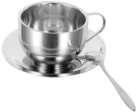 IMIKEYA Tazze da caffè in acciaio inox con isolamento a doppia parete, design impilabile, con piattino e cucchiaino per latte cappuccino e tè durevoli e pratiche per casa e caffè