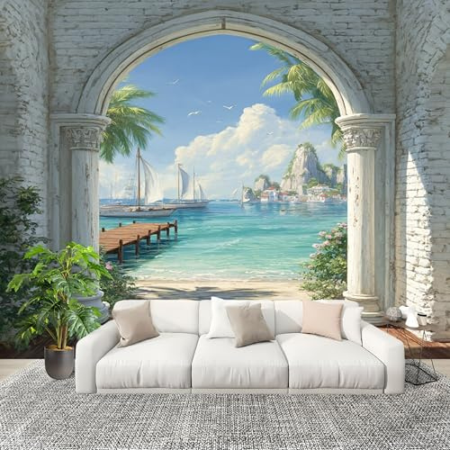 Mural Papel Pintado 3D 400x280cm Vacaciones RomáNticas Junto Al Mar Fotomurales Tejido No Tejido Antiarrugas Póster Azul Murales Fotográfico Moderno Decoración de Paredes