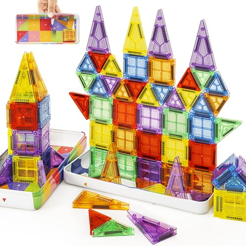 cossy Mini magnetiska plattor, magnetiska reseplattor, 80-delar, magnetbyggplattor med metalllåda, magna-plattor för barn, lärande pedagogiska byggleksaker för 3+ år pojkar och flickor
