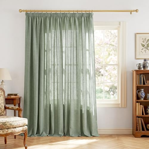 PONY DANCE Raumteiler Vorhang Schienensystem Gardinen Leinenoptik | 1er Set H245 x B300 cm, Salbeigrün, Extra Breite, Lichtdurchlässig, Halbtransparent, für Wohnzimmer, Dekoration, Linen