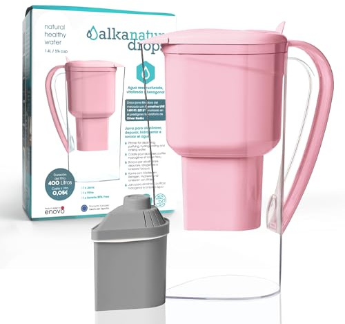 Caraffa filtrante per acqua Alkanatur Drops Rosa con filtro in zeolite - Idrogena + ionizza + aggiunge magnesio, rimuove cloro + metalli - Conforme alla norma UNE 149101:2015 - ALKANATUR