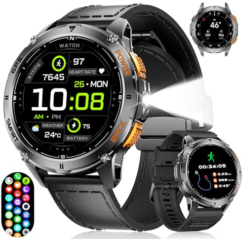 Military Smart Watches Built-in GPS, 170+ Sport Modes for Men with Flashlight, Smartwatch for Android Phones and iPhone, 1.43 AMOLED Screen Bluetooth Call Compass Altimeter (Black & Orange (2 Bands))