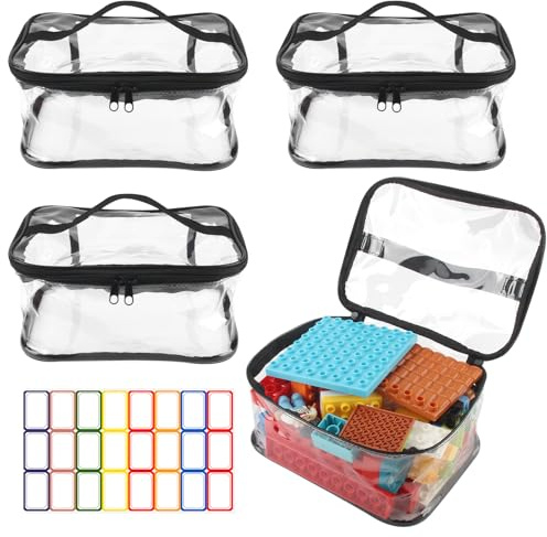 YUE QIN 4 Stück PVC Spielzeug Aufbewahrung Kosmetiktasche Durchsichtig | Wasserdichte Kulturbeutel Transparent mit Reißverschluss Griffen Namensetikett für Badespielzeug Puzzle Bausteine