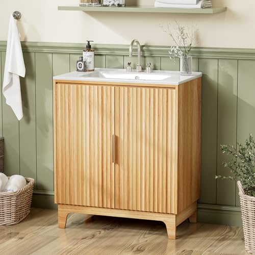 Bonnlo 30 inch Bathroom Vanity Unit with Basin, Under Sink Bathroom Cabinet with Slatted Door, Oak Finish Vanity Unit with Ceramic Sink for Family Bathroom