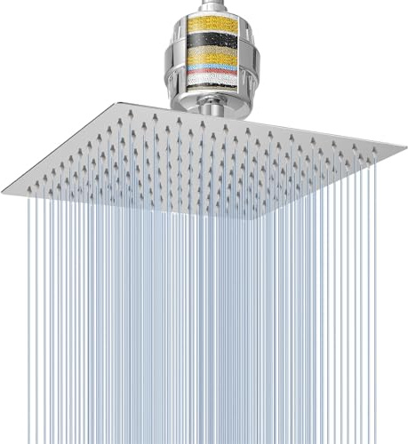 Conjunto de Cabezal de Ducha Tipo Lluvia y Filtro de Ducha Voolan, Cabezales de Ducha de Alta Presión Fabricados en Acero Inoxidable, Cartucho Filtrante para Agua Dura (25cm, Cuadrado)
