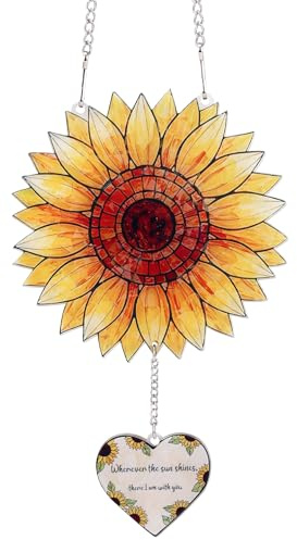 Sunflower Suncatcher Ornament with Heart Charm & Chain, Acrylic Sunflower Gift Decor Memorial Window Garden Hanging Loss of Women Mom Sympathy Bereavement Ideas & Remembrance Keepsake