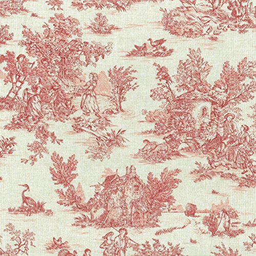 Textiles français Baumwollstoff - Toile de Jouy | La Vie Rustique - Altrot (Grundfarbe: Leinenoptik) | 100% Baumwolle | Stoffbreite: 155 cm (Pro Laufmeter)*
