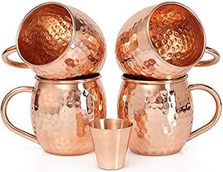 Whitewhale Handmade 100% Pure copper hammered Moscow Mule mugs (Set of 12) with 1 Shot Glass.