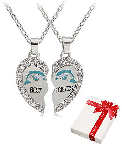 2 piezas Señoras Cadena colgante de plata con diamantes de imitación para la pareja, collares de la amistad del corazón Best Friends Dolphin, joyería de socio los mejores amigos, amante y regalos