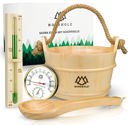 NORDHOLZ® Sauna Eimer mit Kelle aus 100% nordischer Fichte - Hochwertiges Sauna Zubehör - Einsatz, Hanftrageseil & Gratis E-Book - Wellness Aufguss Komplett Paket - Saunaeimer Set