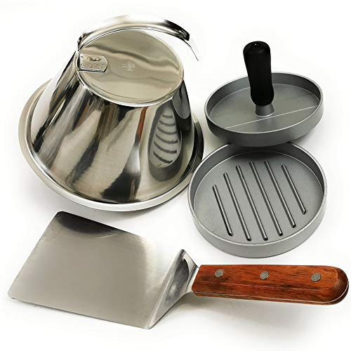Kerafactum Set per hamburger con campana per hamburger e paletta per griglia, con spatola per grigliare, coperchio di copertura, per sciogliere il formaggio e la paletta per arrosti, coperchio in