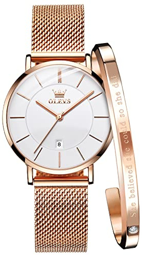 OLEVS Women Wrist Watches Ultra Thin 6.5mm Minimalist Business Dress Waterproof & Date White Leather Strap Slim Watches for Women