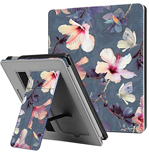 CASEBOT Hülle kompatibel für Kindle Oasis 10. Generation (2019 Modell) und 9. Generation (2017 Modell) - Kickstand Schutzhülle mit Kartenfach, Handschlaufe und Auto Wake/Sleep (Z -Blühender Hibiskus)