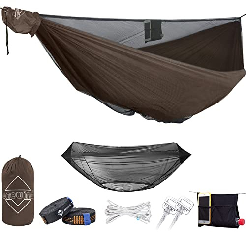 onewind 3,4 m dubbel campinghängmatta med myggnät och ridgeline, brun