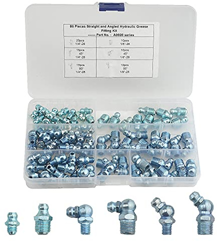 WMYCONGCONG 80 Stück Grease Fittings Assortment, SAE-Hydraulik-Schmiernippel-Sortiment, bestehend aus geraden, 90°- und 45°-Winkel-Schmiernippeln zum Ersetzen fehlender oder defekter Schmiernippel