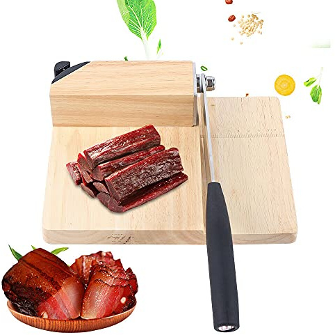 ROMYIX Biltong Slicer with Carbide Knife Sharpener & Ruler, Biltong Cutter Meat Cutter Stainless Steel Guillotine with Rubber Wood Base