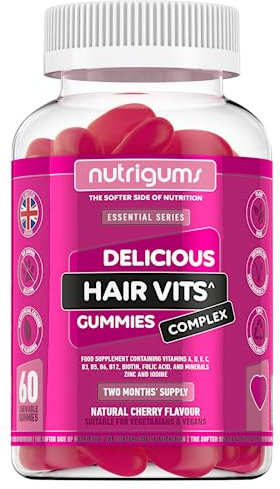 Hair Vitamin Biotin Complex Gummy | 12 Essential Vitamins containing Biotin, Vitamin C, Folic Acid and Zinc | Cherry Flavour | 60 Vegan Gummies | Maintain Healthy Hair Growth by NUTRIGUMS®
