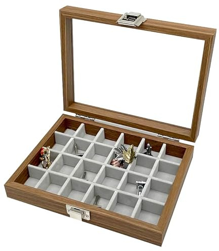 Kleine Holz Schmucklade 24 Fächer für Ringe Ohrringe Halsketten Armbänder Schmuckkasten Schmuckkoffer Schmuckbox Schmuckschatulle Aufbewahrungsbox Deckel mit Echtglas