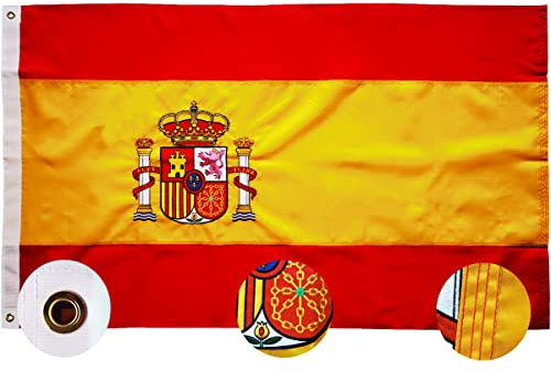 Bandera españa grande para Exterior 90x150cm ，Bordado de y rayas cosidas，Bandera de España balcón Reforzada y con 2 Ojales metálicos Spain flag