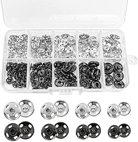 luckaide 100Sätze Druckknöpfe zum Annähen 12mm 10mm 8.5mm 7.5mm, Druckknöpfe Schwarz Silber Druckknopf aus Metall mit Transparentbox für Kleidung und Stoffe Nähen, Geldbeutel, Handtasche,DIY