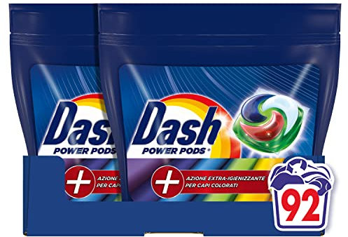 Dash Power Pods Detersivo Lavatrice In Capsule, 92 Lavaggi (46x2), Azione Extra-Igienizzante Per Capi Colorati, Contro Sporco E Batteri, Efficace Anche A Freddo E In Cicli Brevi