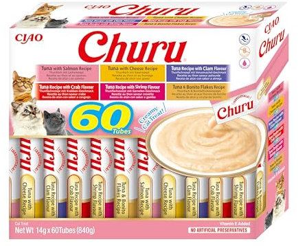 INABA Churu Premium Katzen Schleckies Einzelzutat mit Thunfisch, Getreidefrei, Zuckerfrei, Kalorienarm, besten Katzen Leckerlies für den Tierarzt, keine Nebenerzeugnisse, Creamy Cat Treats 60 x 14g