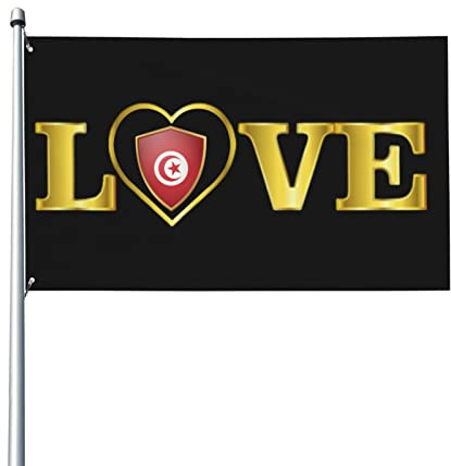 Drapeau Tunisie avec OrDrapeau décoratif d'extérieur 0,9 x 1,5 m Fond à carreaux noir et blanc Tissu polyester Couleurs vives faciles à estomper, trous métalliques à séchage rapide pour une installati