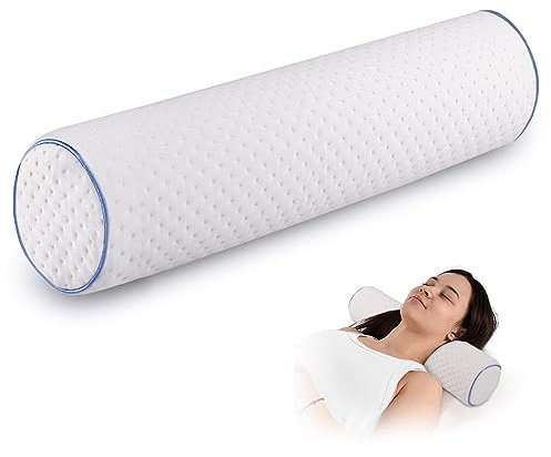 FYB Neck Roll Pillow,Bolster Pillow,Memory Foam Pillows,Support Back Cushion Cervical Relieve Pain Round Core Removable Cover (Sky Blue Edge, 17.7×5.1in（45×13CM）)
